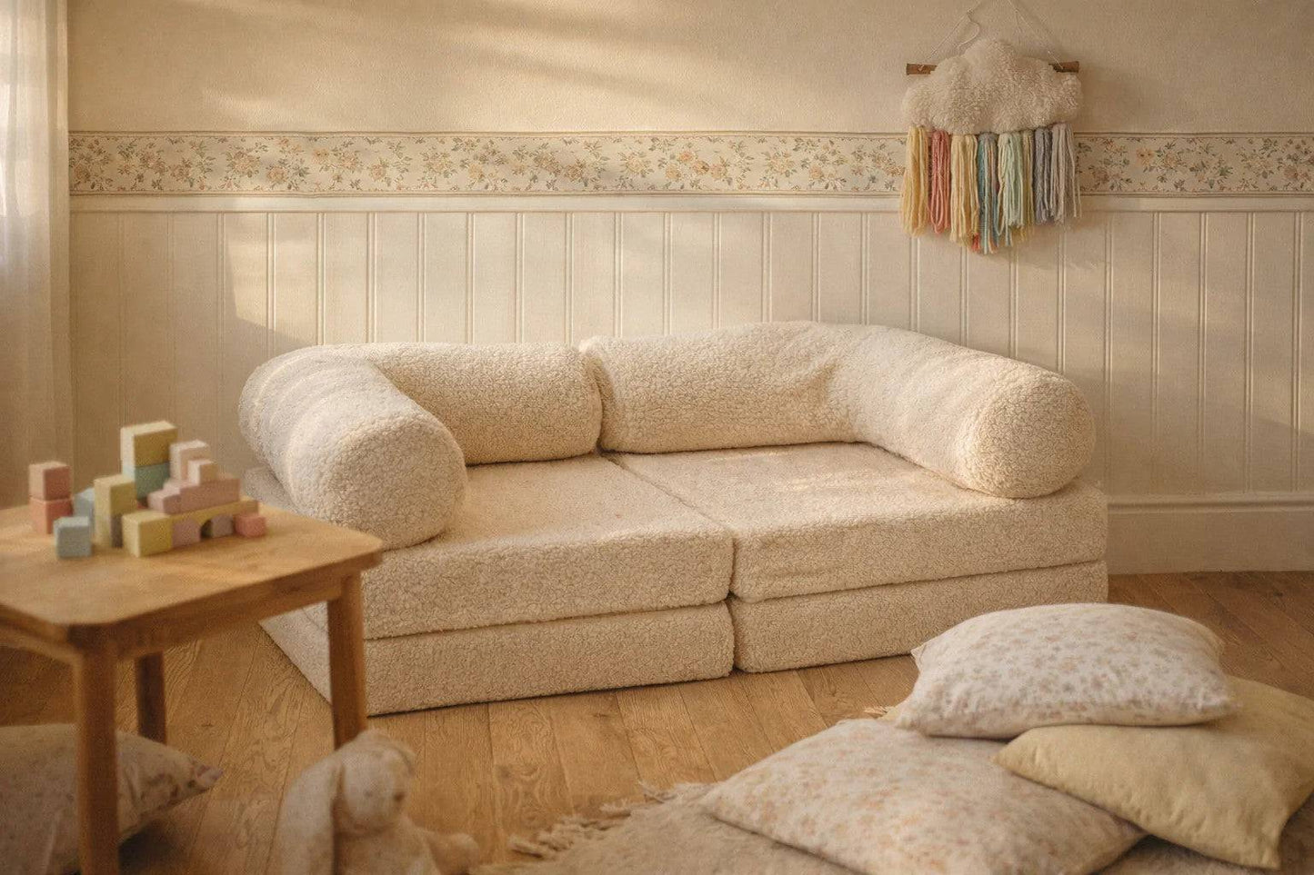 HoneyHug Mjuk Modulär Soffa för Barn – Kräm Teddytyg
