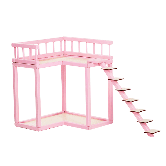 Tillbehör Dockhus - Balkong med Trappa Rosa Trä