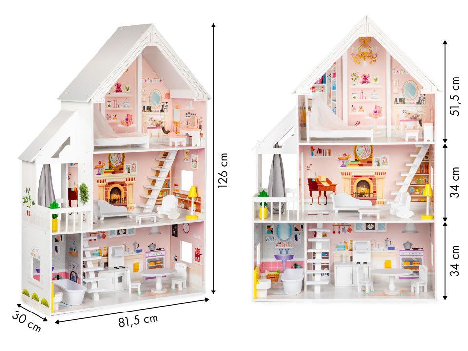 Vit Trädockhus med LED-Belysning & Möbler - Gerardos's Toys