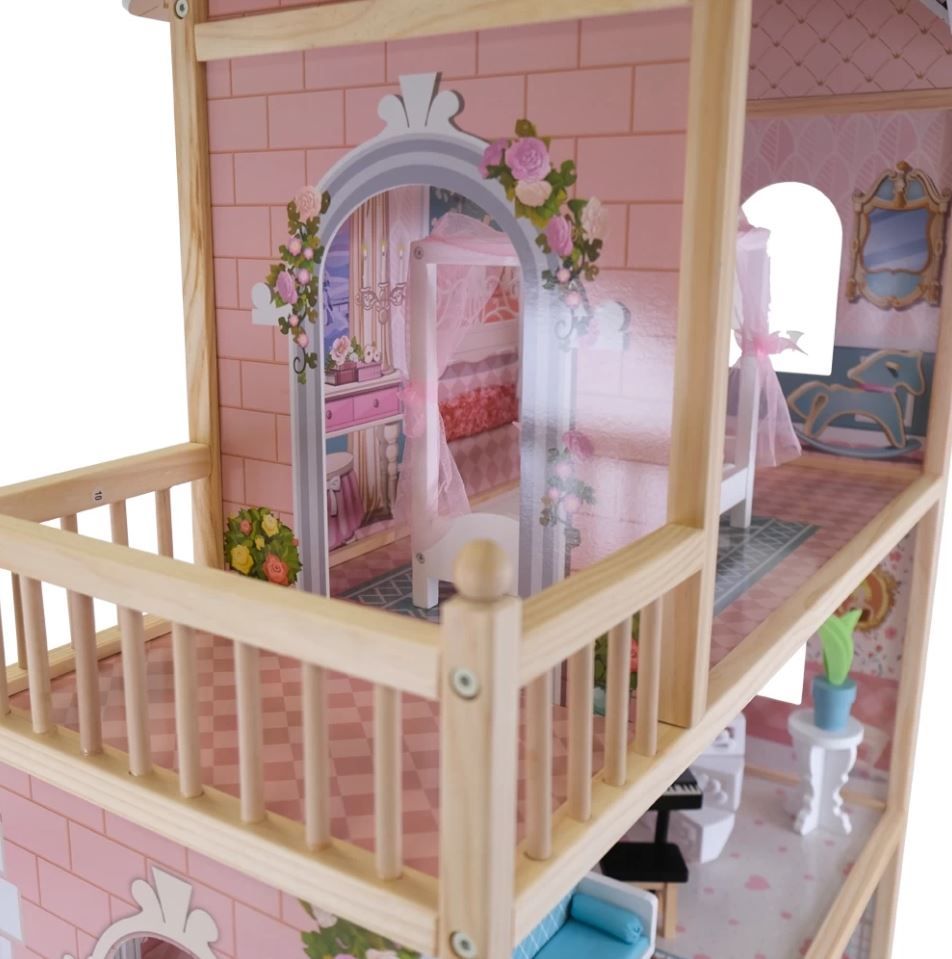 Rosa Trädockhus med LED-Belysning & Möbler - Gerardos's Toys