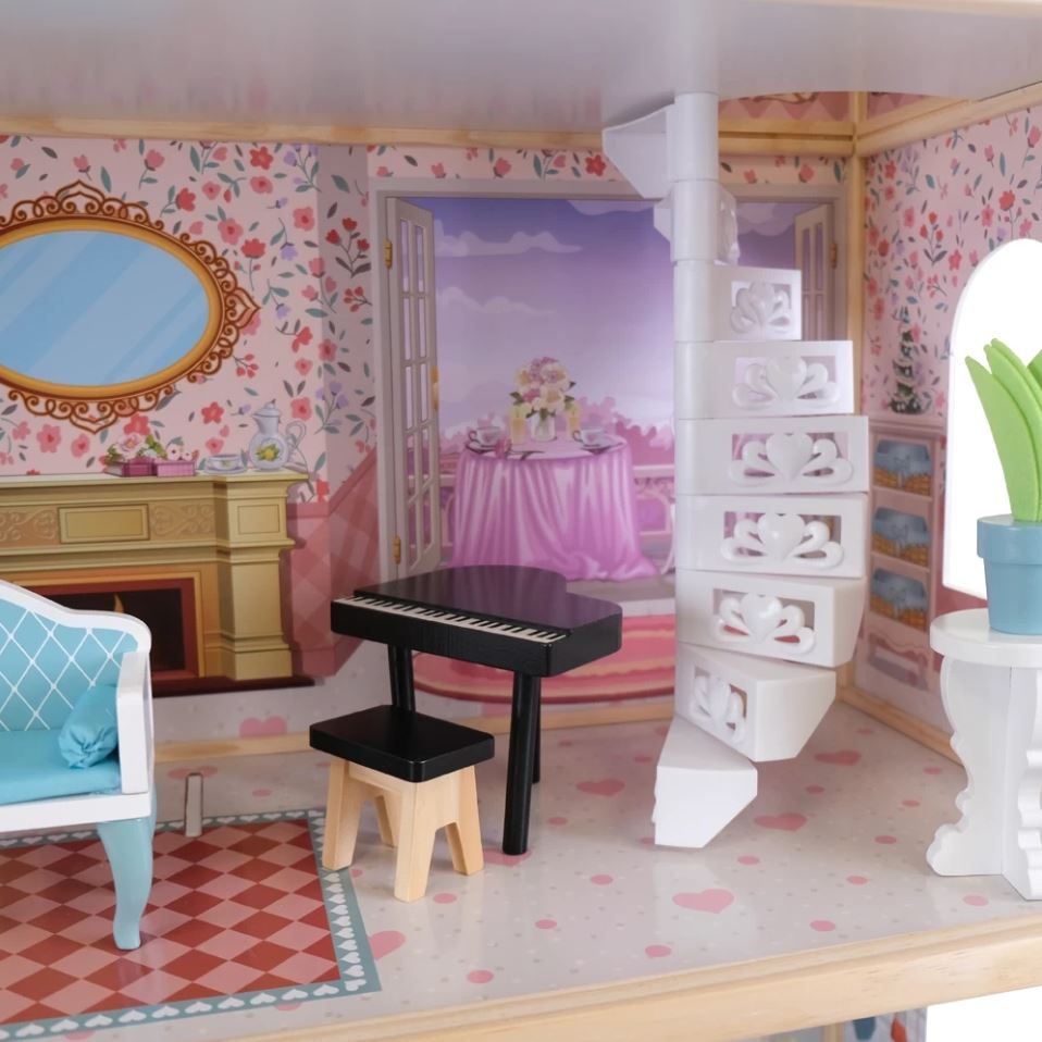 Rosa Trädockhus med LED-Belysning & Möbler - Gerardos's Toys