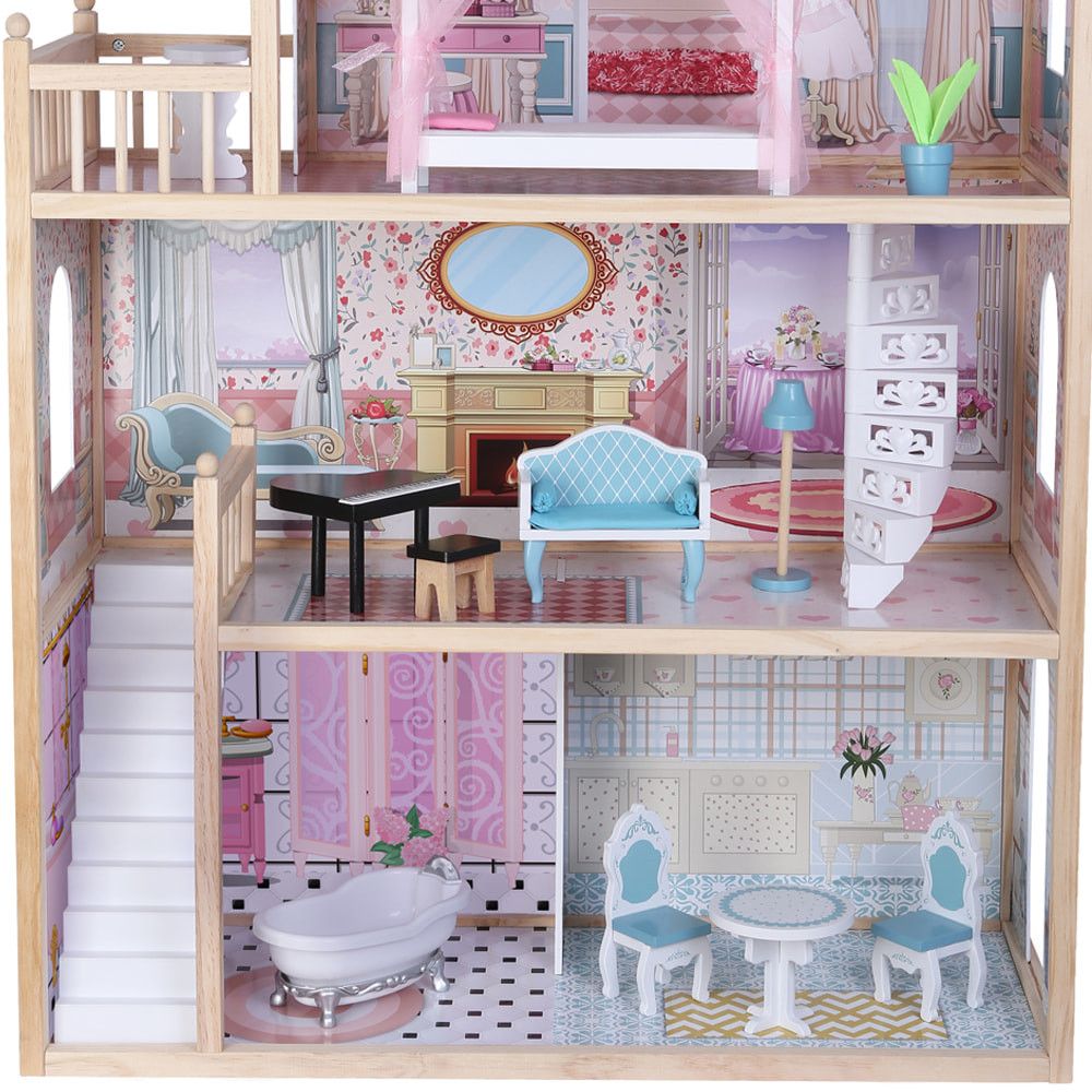 Rosa Trädockhus med LED-Belysning & Möbler - Gerardos's Toys
