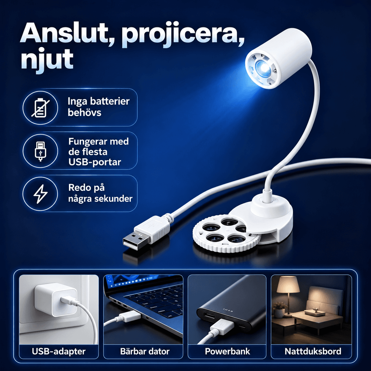 Mini USB-Projektor med Galax- och Stjärnmotiv – 360° Justerbar Nattlampa