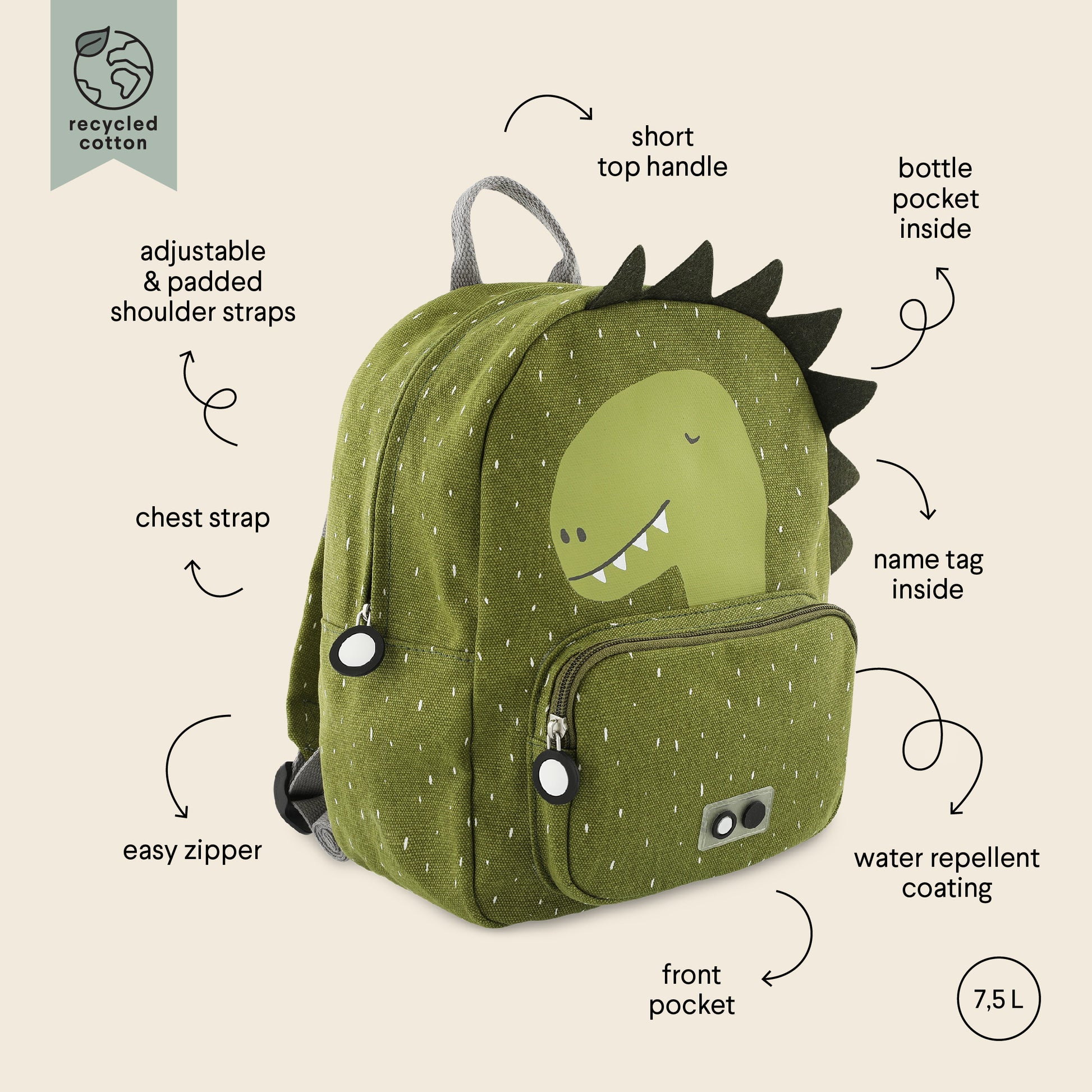 Grön Ryggsäck 7.5 liter för Barn - Herr Dinosaur