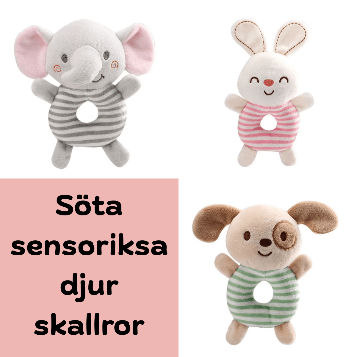 Sensorisk Babyskallra i Plyschtyg - Kanin, Elefant & Hund