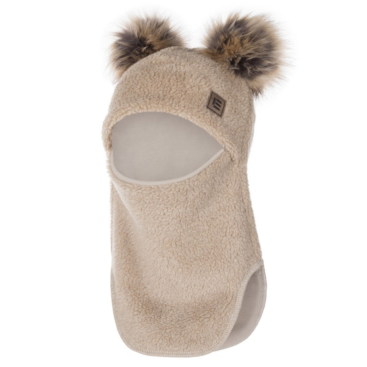 Beige Balaklava i Merinoull med Dubbla Tofsar i Fuskpäls