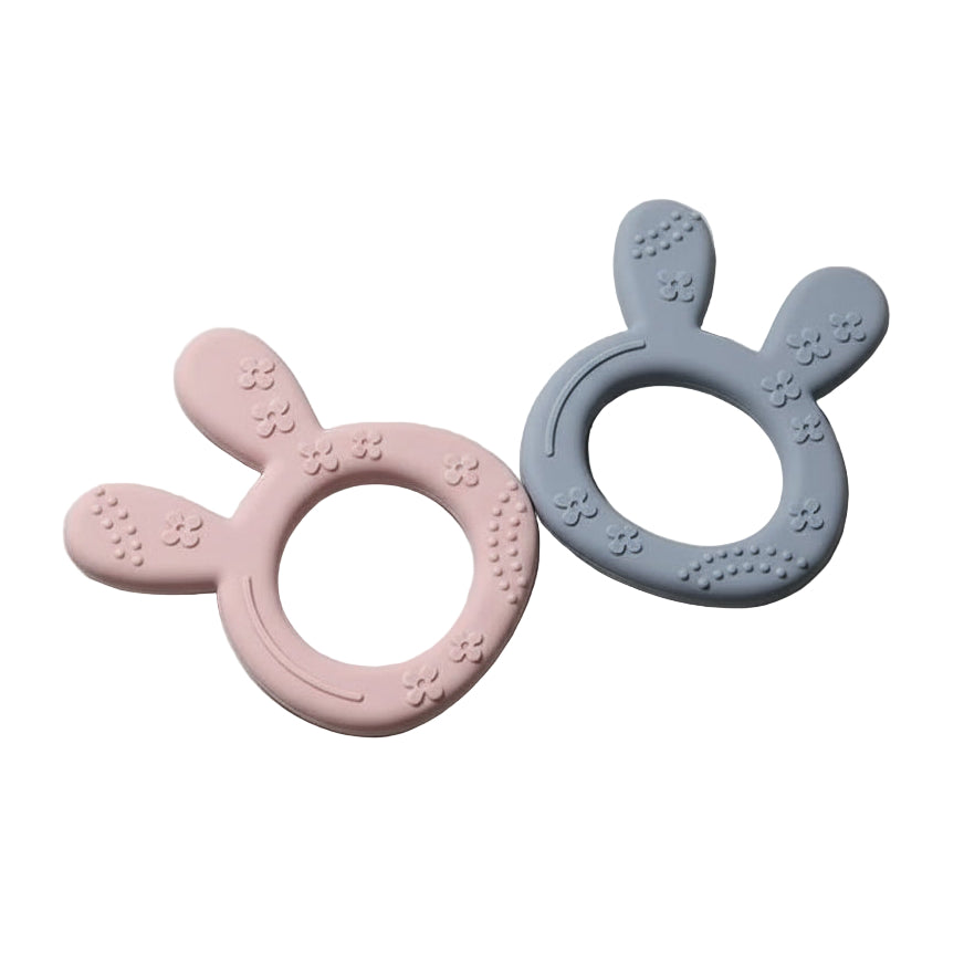 Kaninformade Bitringar i Silikon & Lilla Chilla Tygpåse  - rosa och grå
