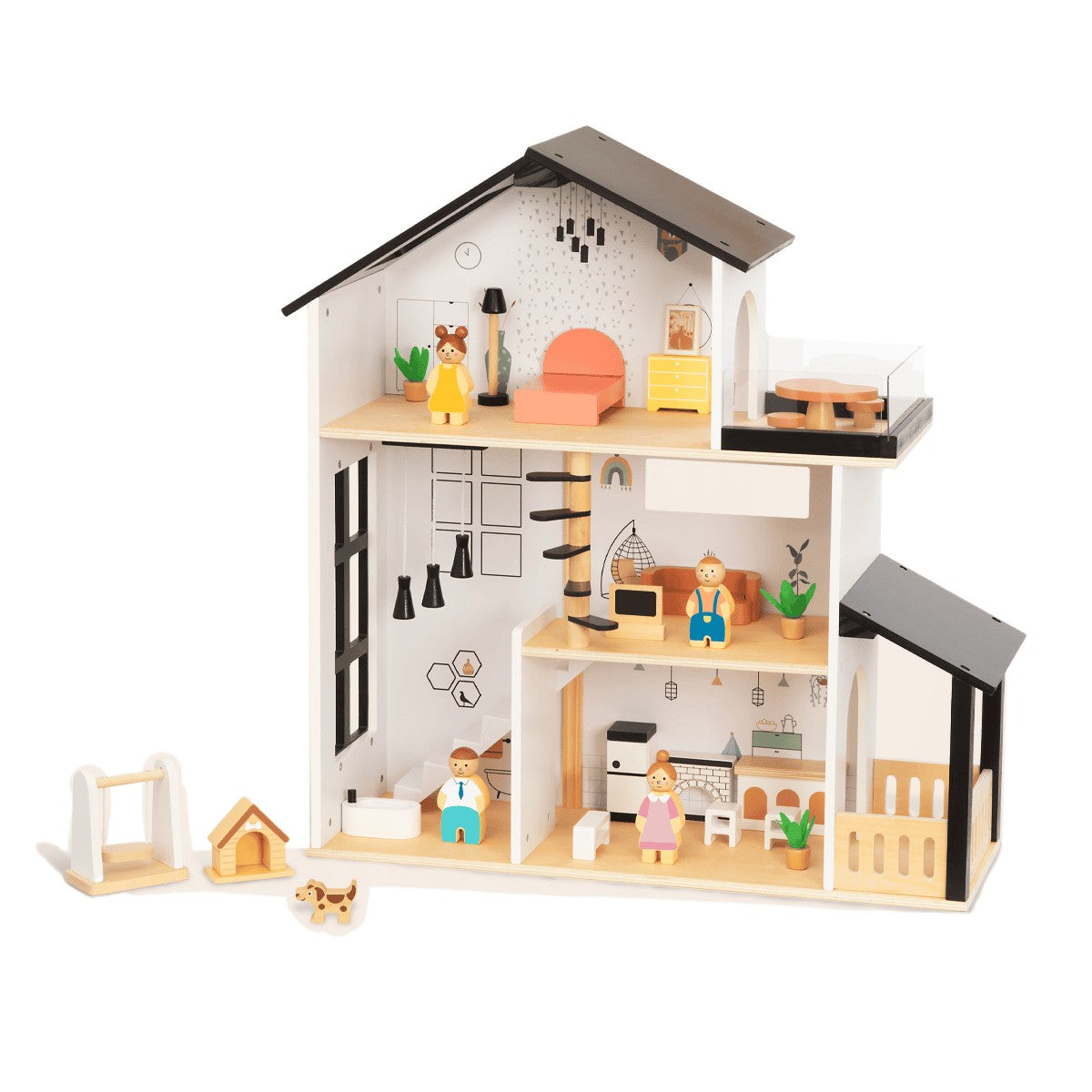 Tre Vånings-Dockhus Med Möbler & Dekor - BusyKids