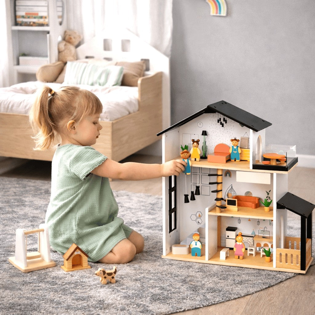 Tre Vånings-Dockhus Med Möbler & Dekor - BusyKids