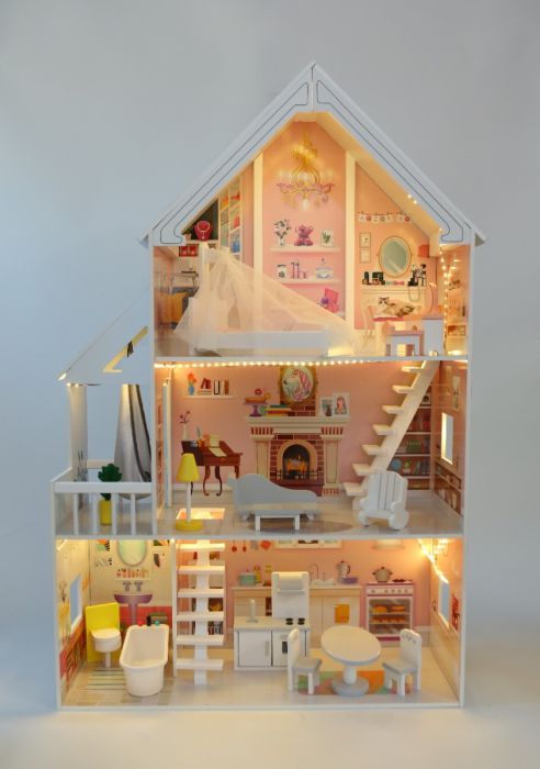Vit Trädockhus med LED-Belysning & Möbler - Gerardos's Toys