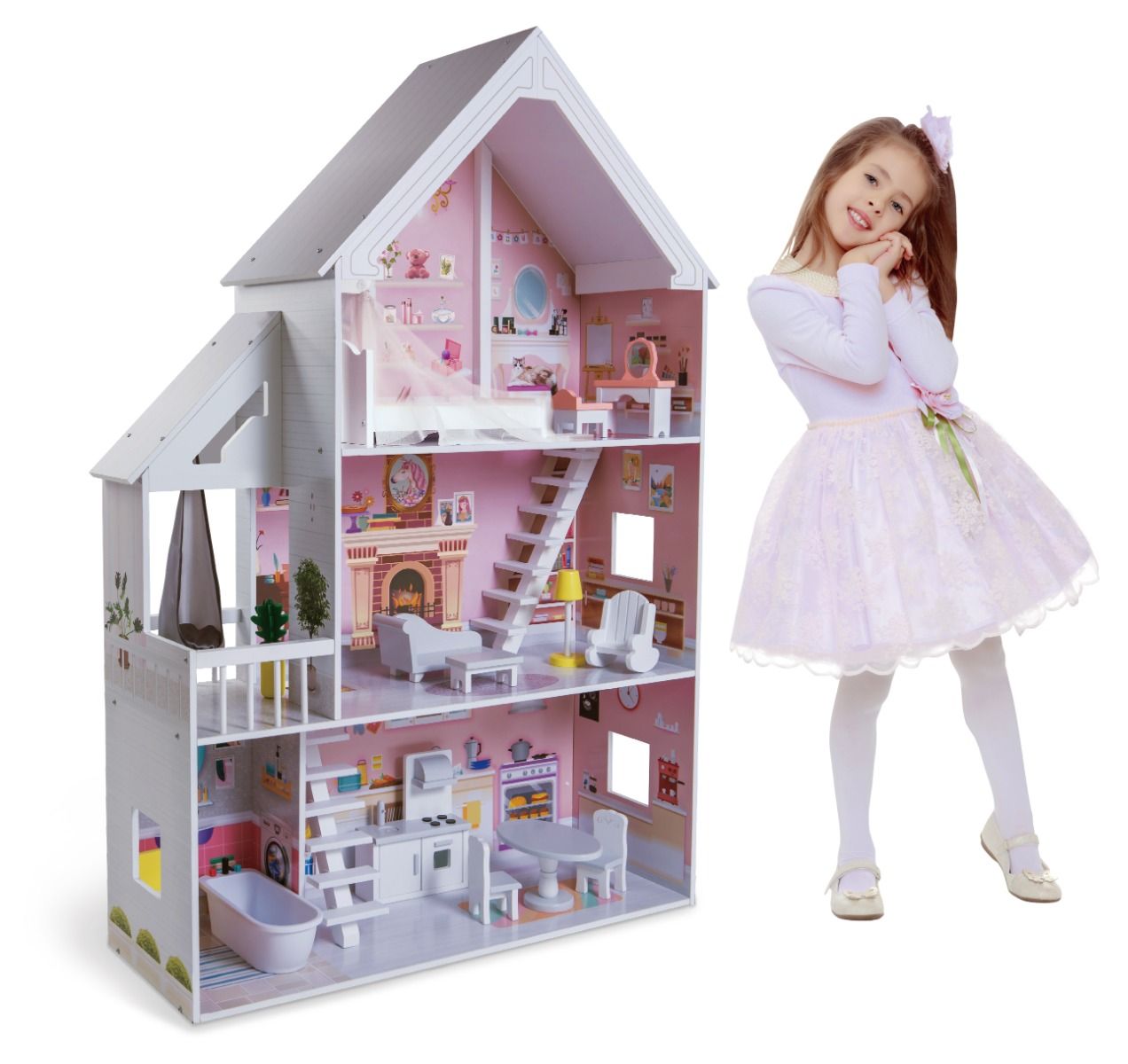 Vit Trädockhus med LED-Belysning & Möbler - Gerardos's Toys