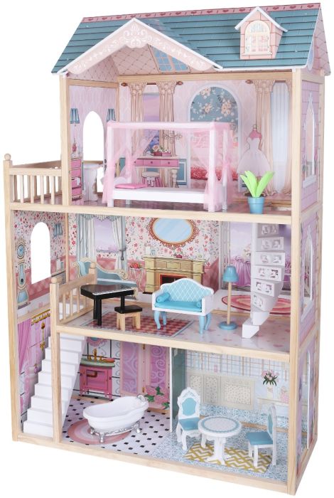 Rosa Trädockhus med LED-Belysning & Möbler - Gerardos's Toys